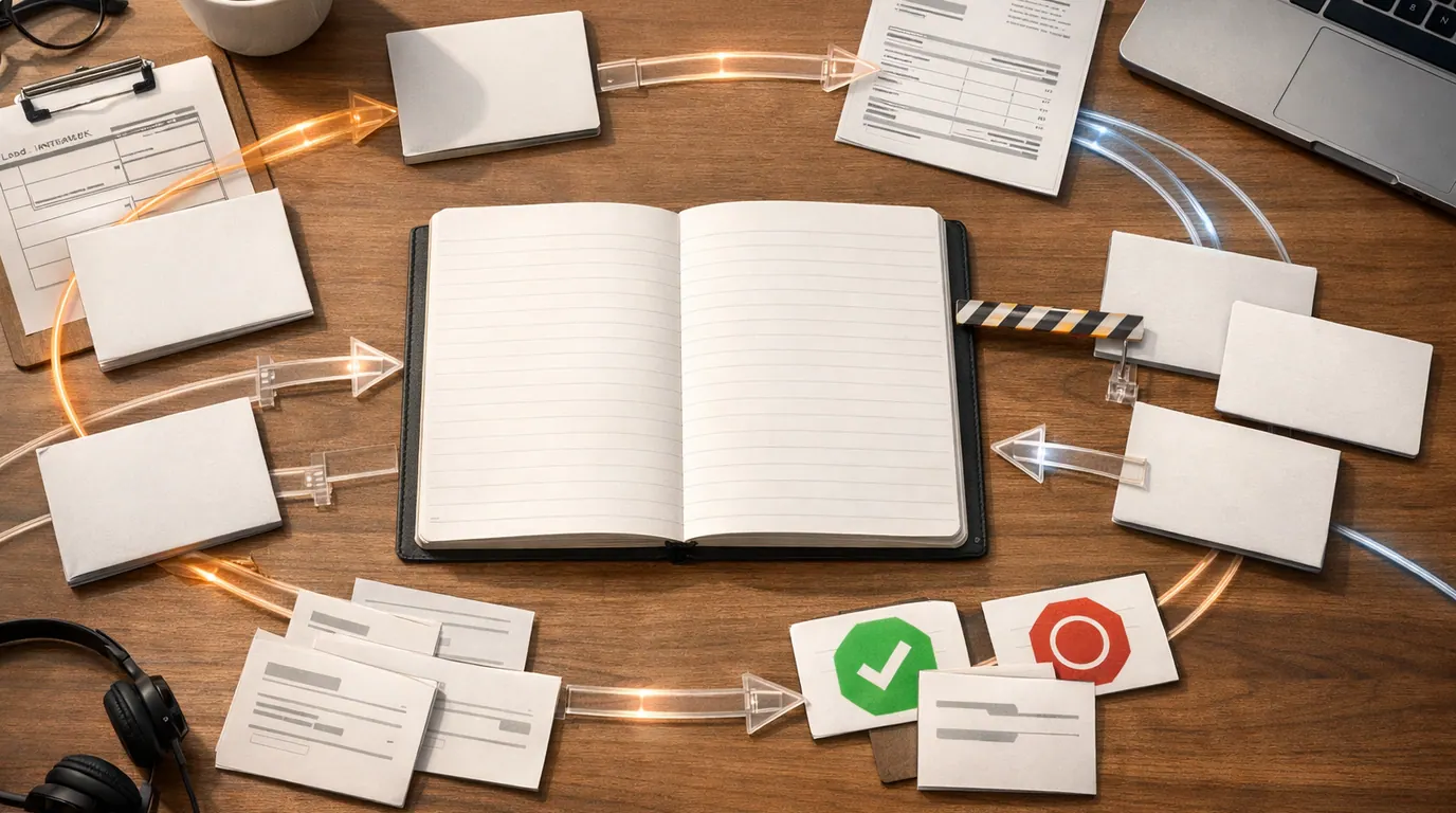 Operations desk with workflow cards, approval markers, customer tickets, and guarded action lanes for planning business AI agents