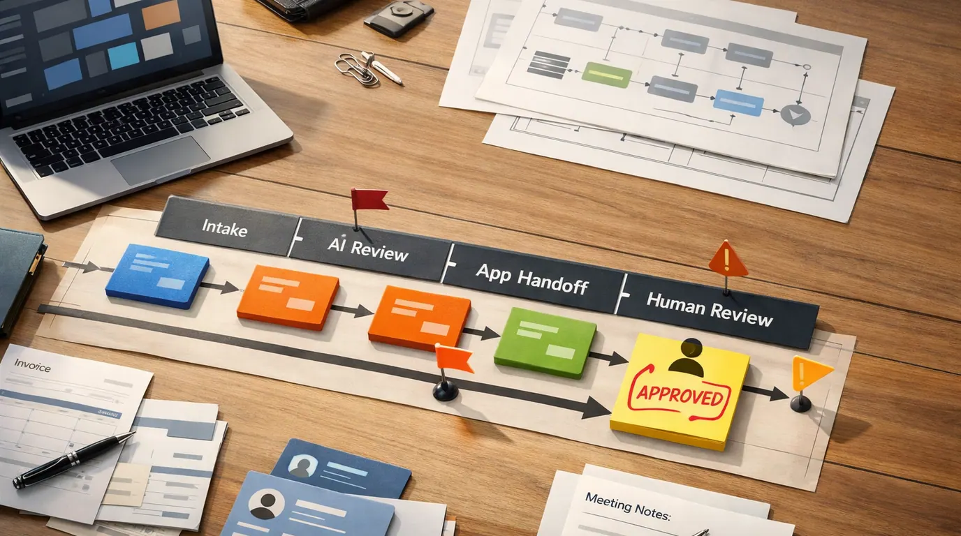 Operations planning table with workflow cards, AI review notes, approval markers, app handoff lanes, and risk checkpoints for business automation