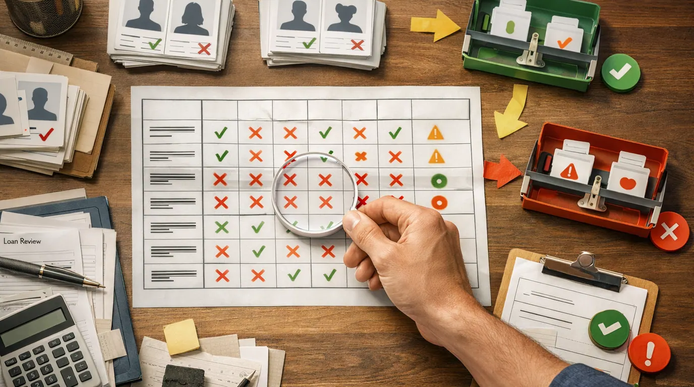 Review table with skewed data cards, fairness markers, and human approval checkpoints for an AI bias audit