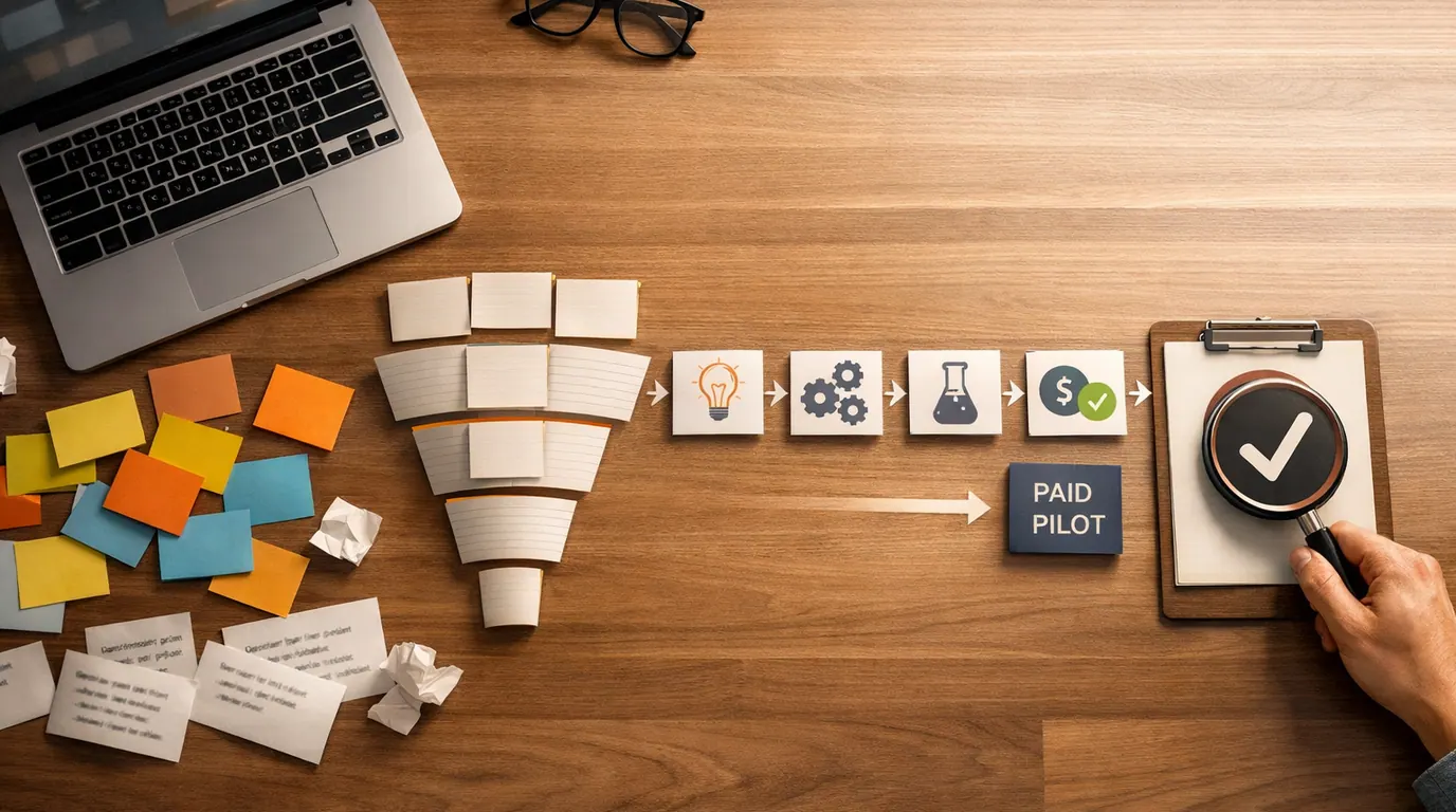 Founder workspace with idea cards, customer pain notes, validation lanes, and human review markers for choosing an AI business idea