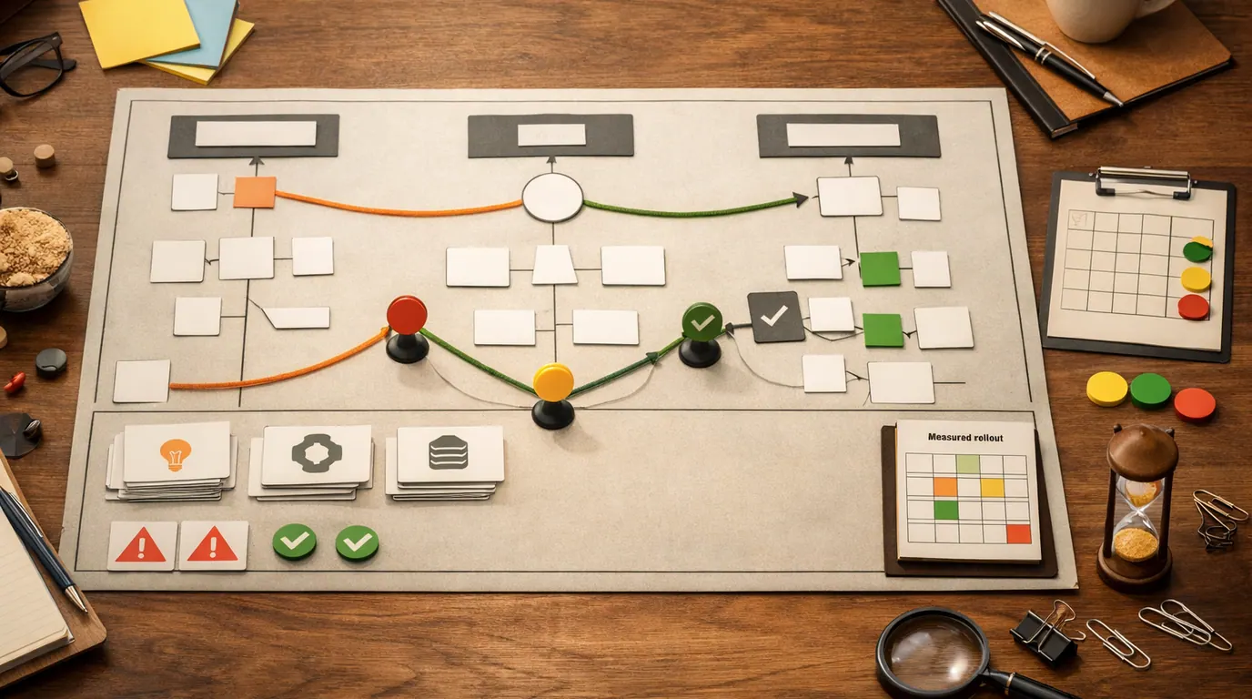Leadership planning table with workflow cards, risk markers, measurement notes, and approval gates for an AI business strategy