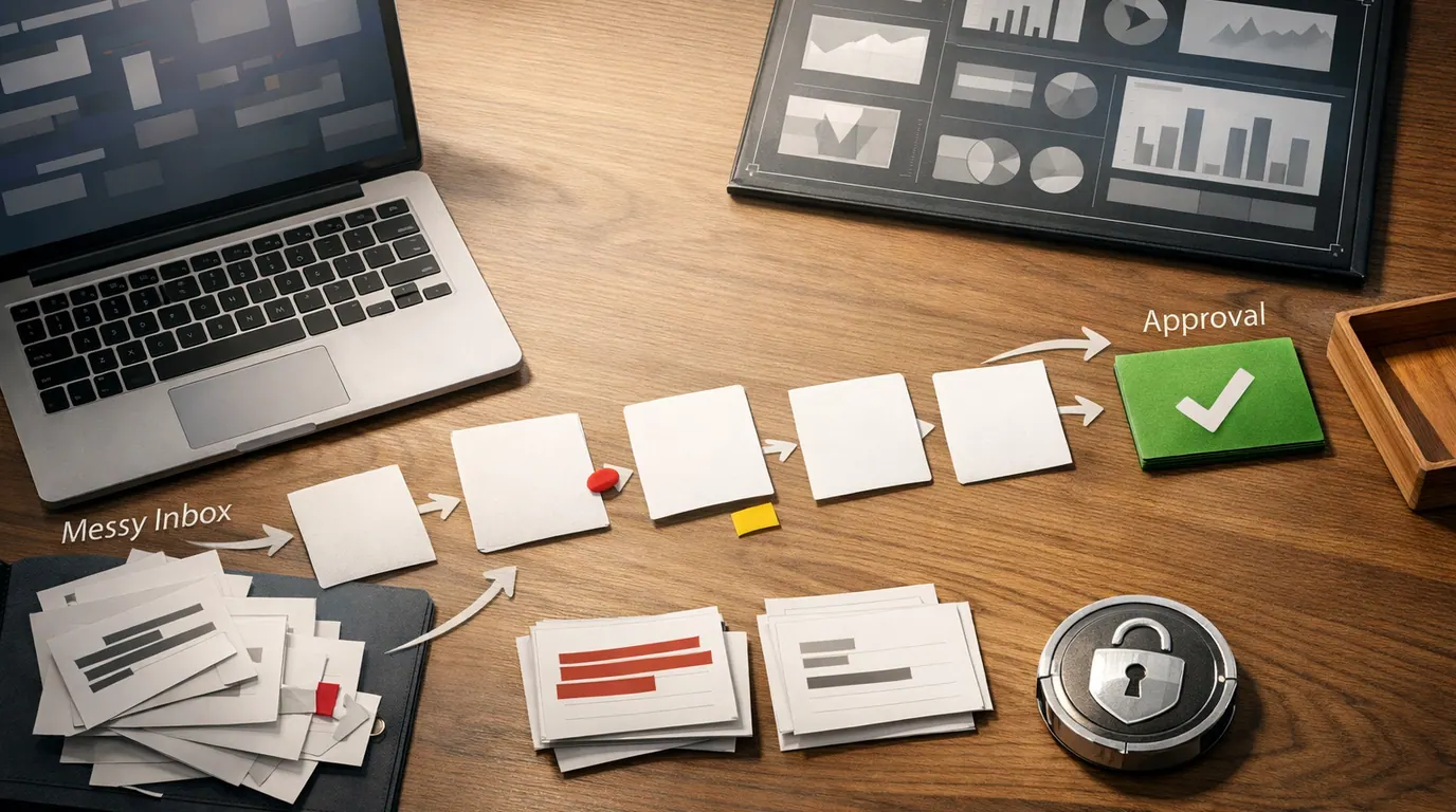 Business operations desk with workflow cards, approval markers, customer notes, and measurement tiles arranged around an AI pilot plan