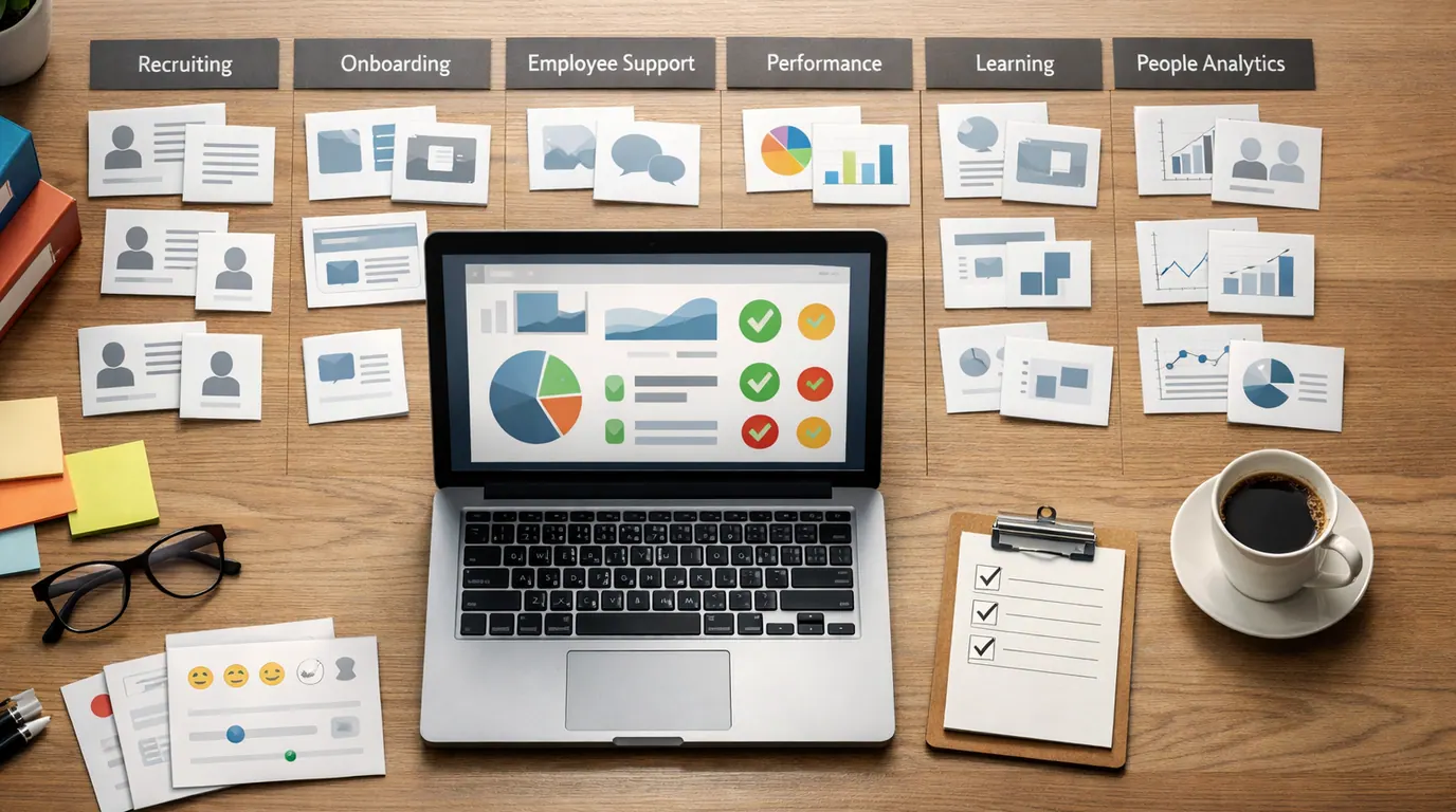 HR operations desk with anonymized employee journey cards, policy notes, analytics charts, and review checkpoints arranged around a laptop