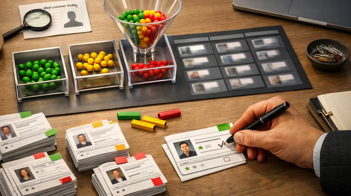 Sales operations desk with lead cards, intent signals, routing lanes, and a human review marker for an AI lead generation workflow