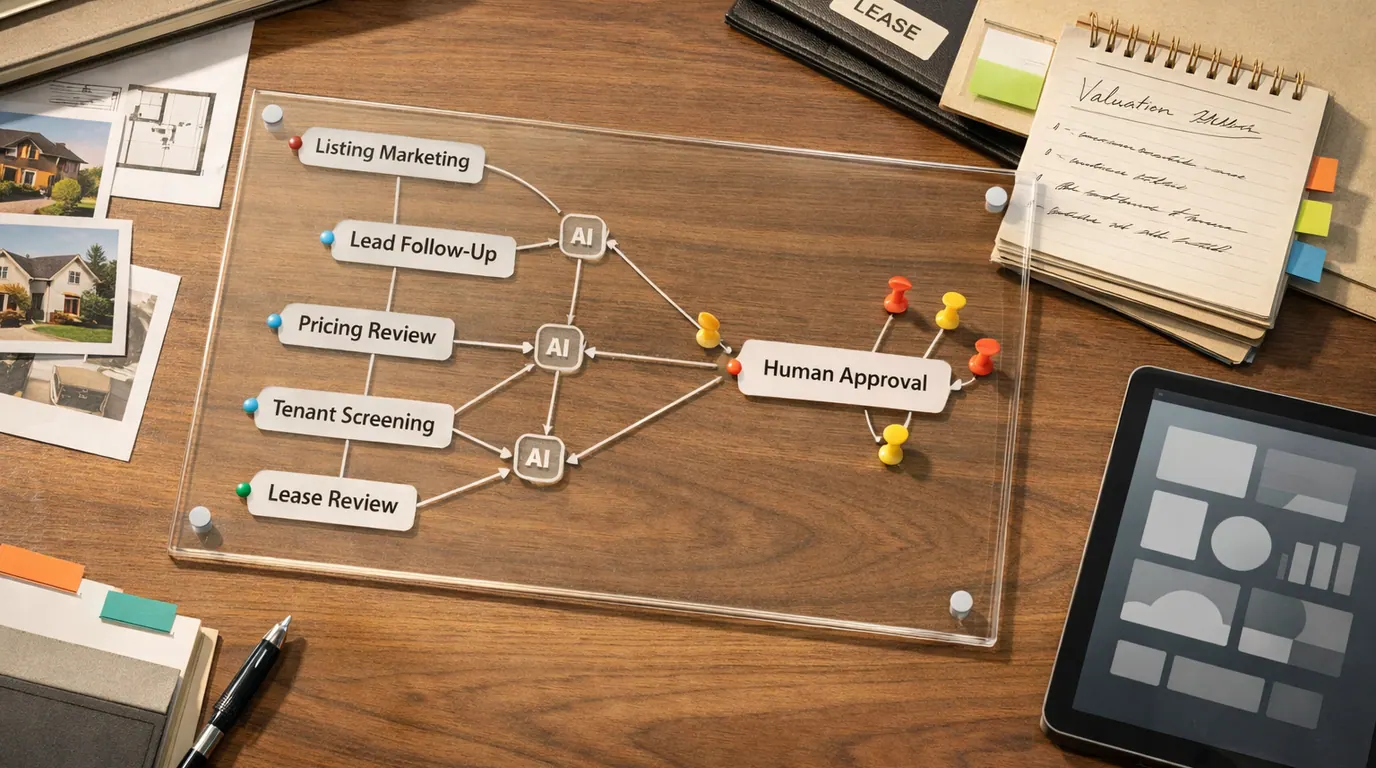 Real estate operations desk with listing photos, lead cards, lease folders, valuation notes, and human review markers for an AI workflow