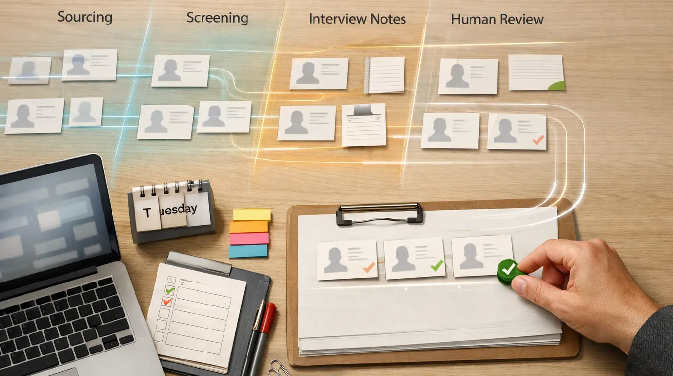 Recruiting operations desk with anonymized candidate cards moving through sourcing, screening, interview, and human review lanes