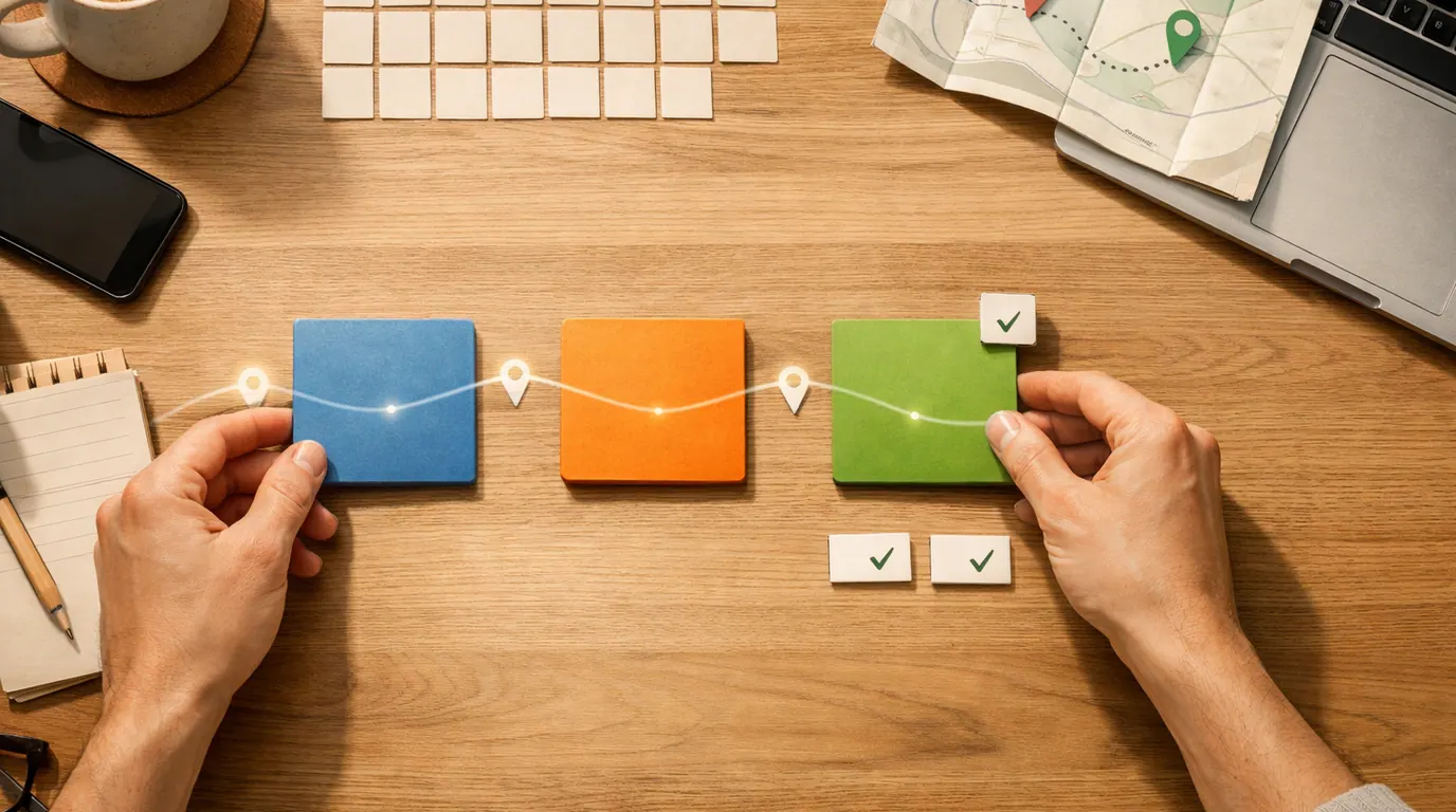 Hands arranging daily task cards around a phone and laptop to show reviewable AI help for everyday routines