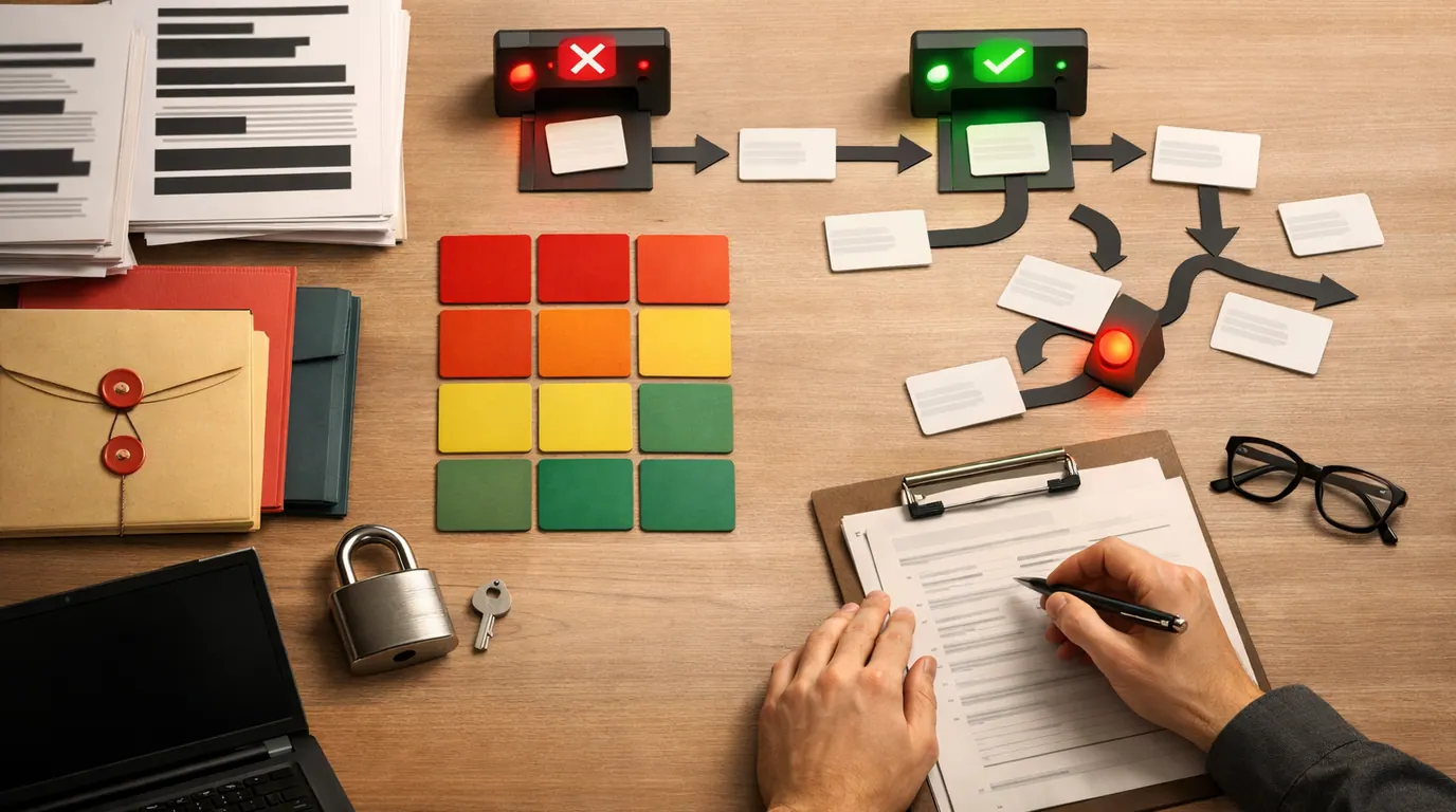 Privacy review workspace with redacted documents, data-flow cards, locks, and approval checkpoints