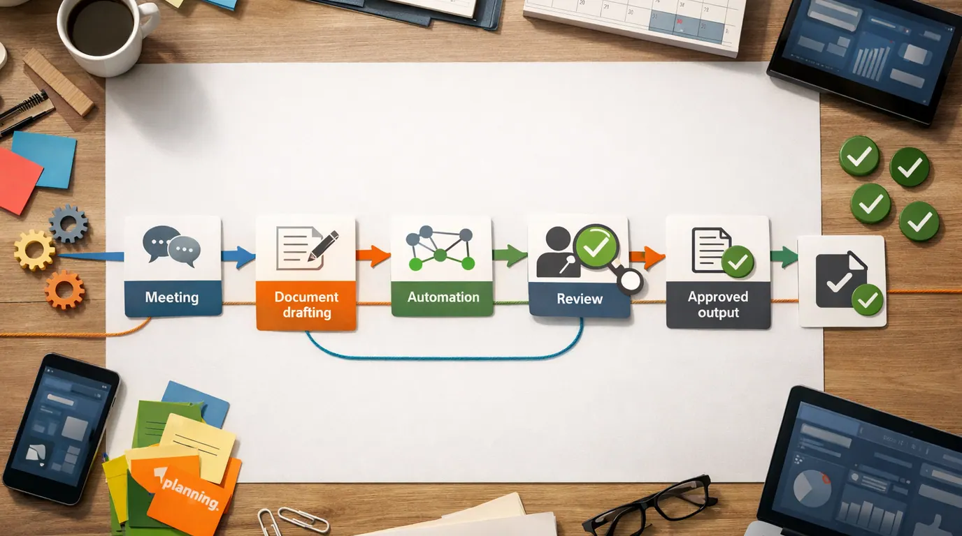 Team workflow table with meeting notes, task cards, automation paths, and review checkpoints on a shared desk