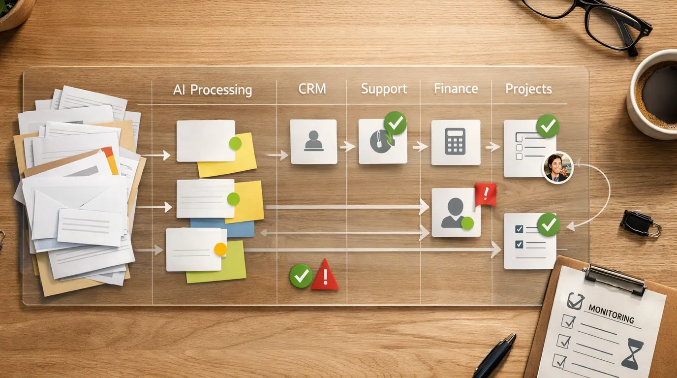 Operations desk showing intake cards, AI classification notes, app handoff lanes, approval markers, and monitoring checks in an automation workflow