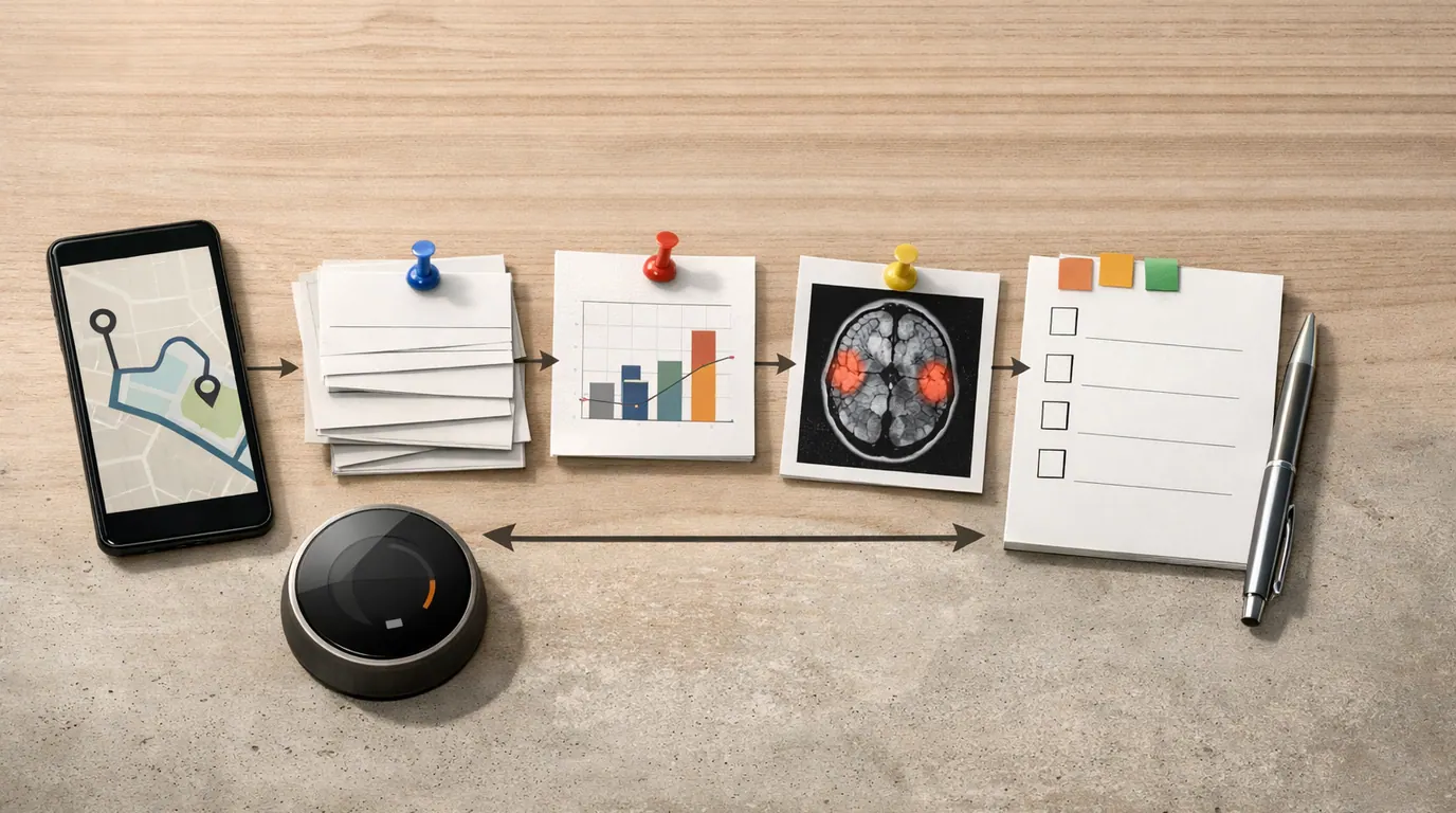 Workspace showing everyday AI example cards, a phone map, support ticket, medical scan, and human review checklist