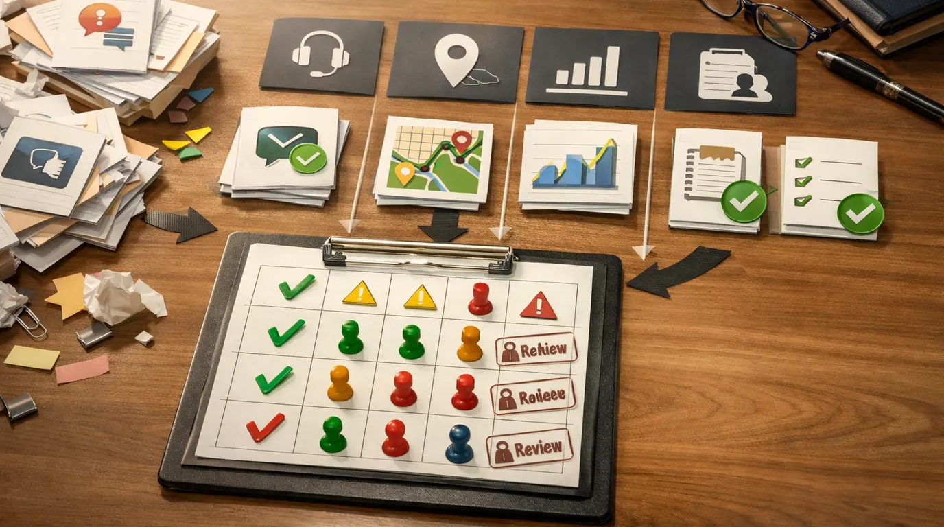 Desk with workflow cards showing AI-supported tasks, review checkpoints, data notes, and human approval markers
