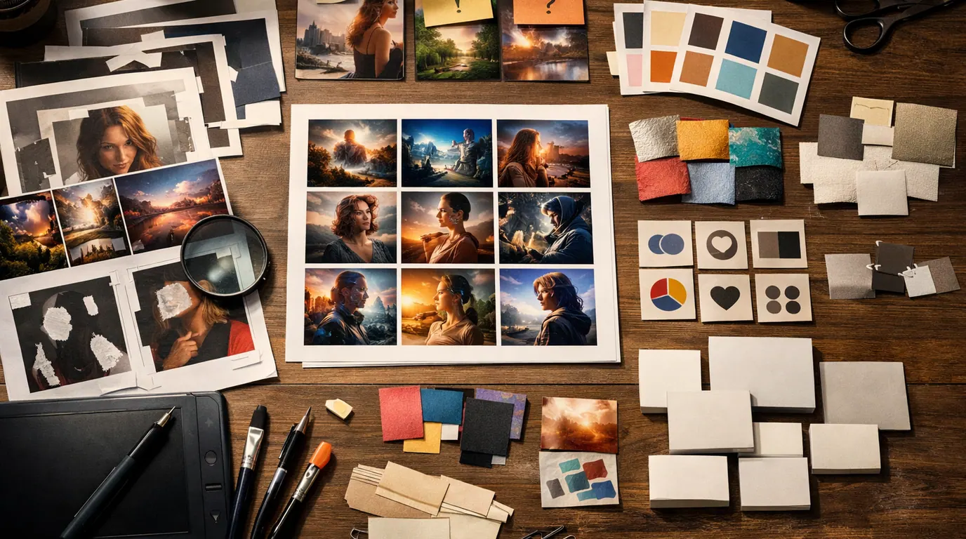Creative production desk with image contact sheets, edit masks, style swatches, and review cards