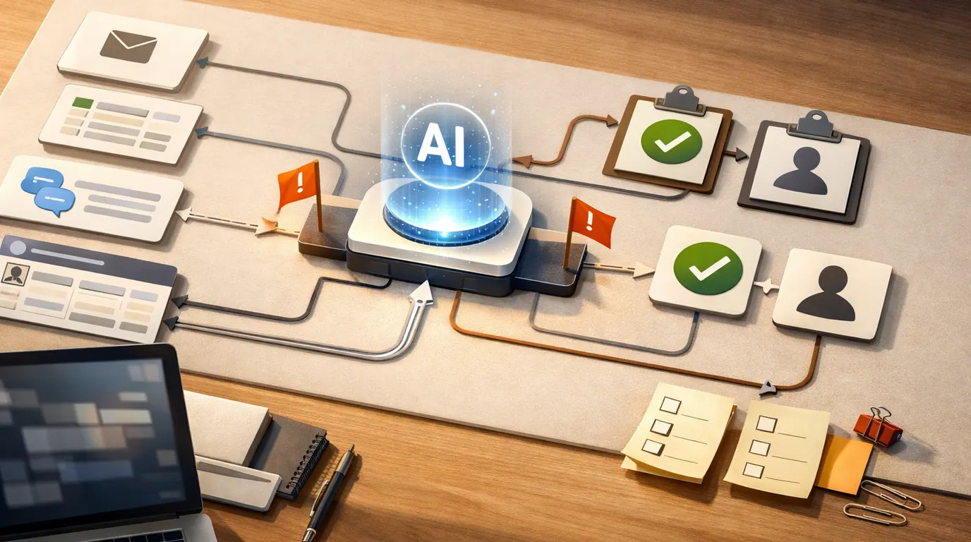 Operations desk with app-neutral workflow cards, AI review checkpoints, approval markers, and branching automation paths