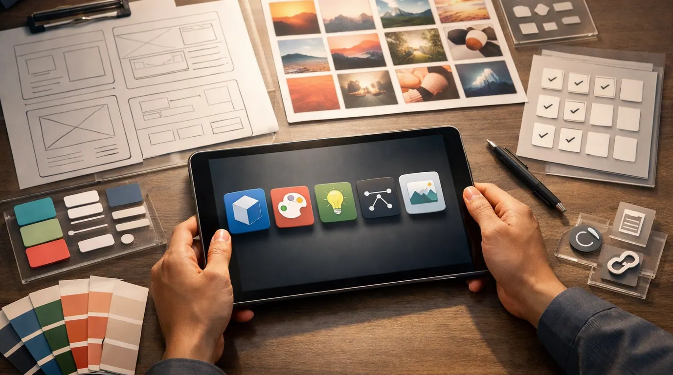 Design studio table with wireframes, brand swatches, prototype frames, and QA notes