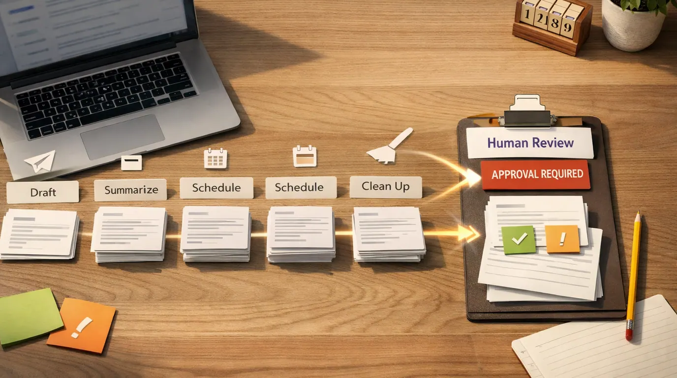 Inbox triage workspace with email cards, draft reply notes, calendar blocks, and approval checkpoints for choosing AI email tools