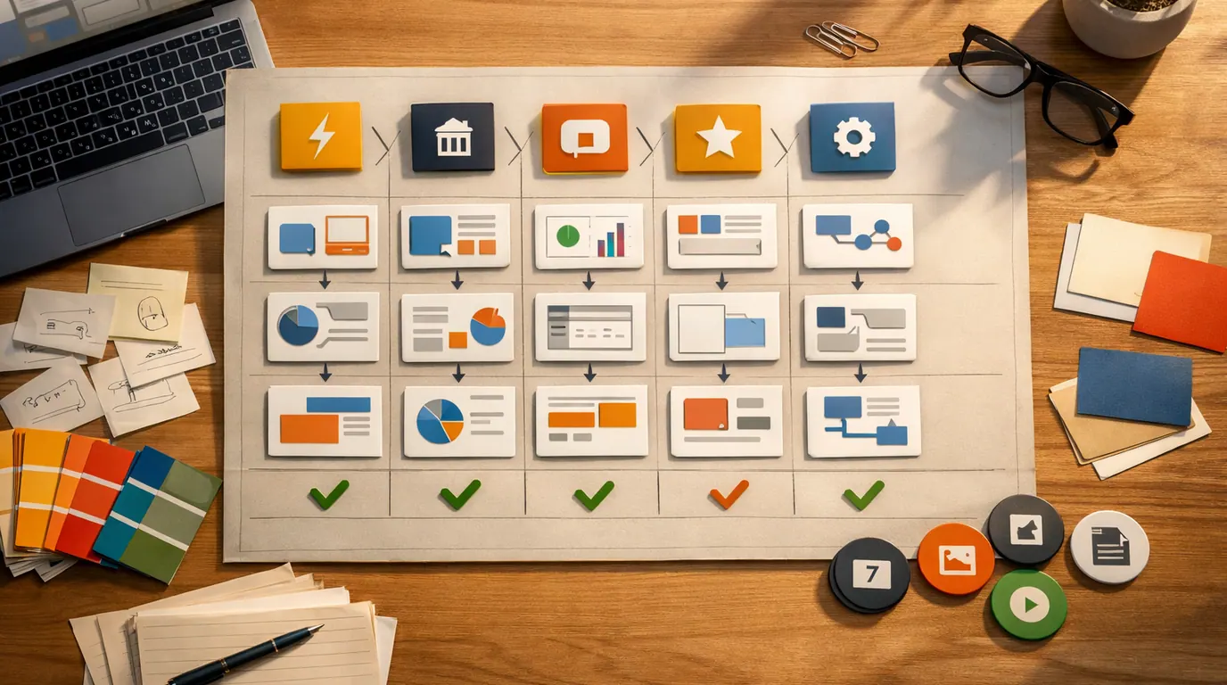 Desk with slide storyboard cards, brand swatches, editable deck exports, presenter notes, and human review markers for choosing AI presentation tools