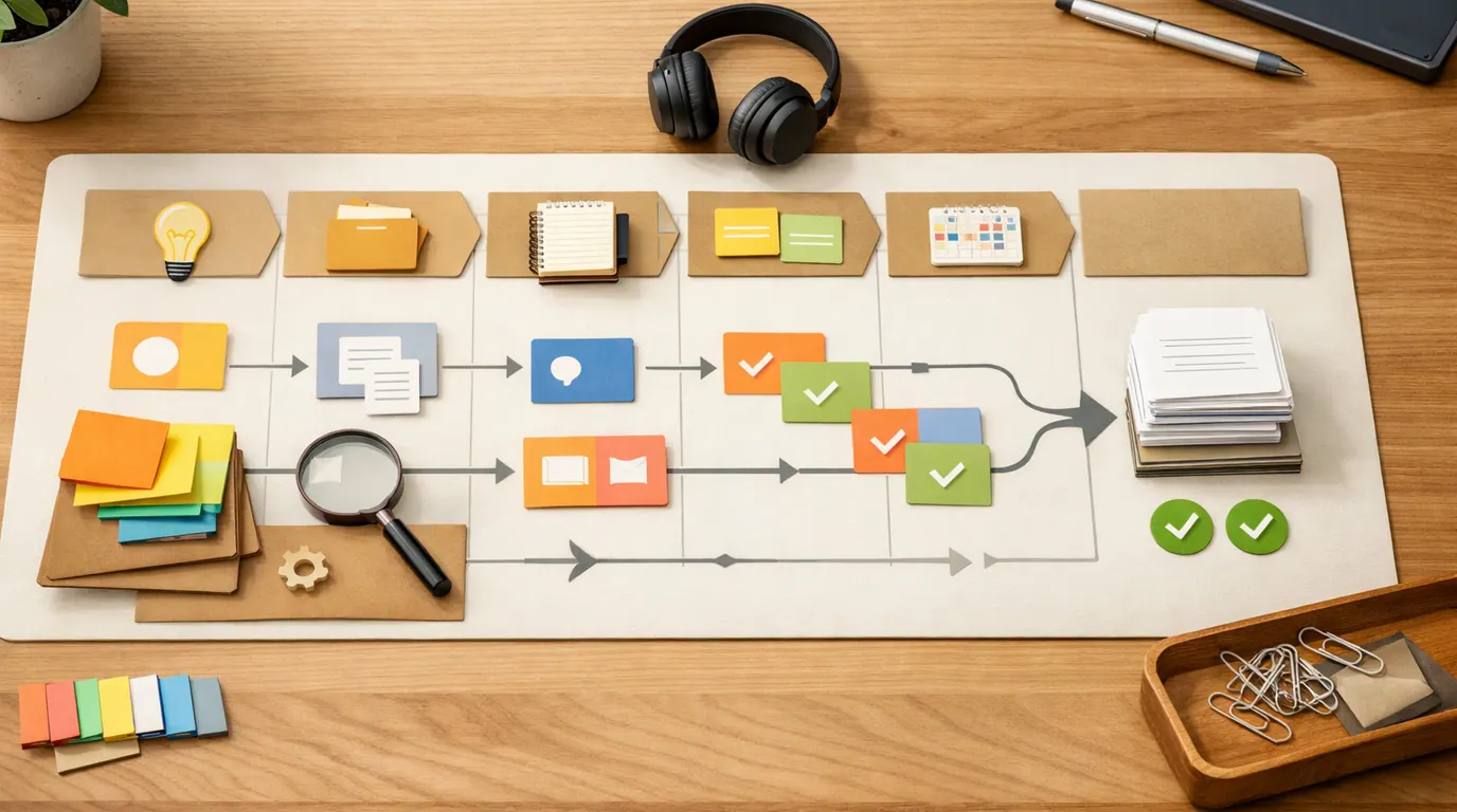 Desk workflow map with AI assistant cards, meeting notes, research sources, task lanes, automation arrows, and human review markers