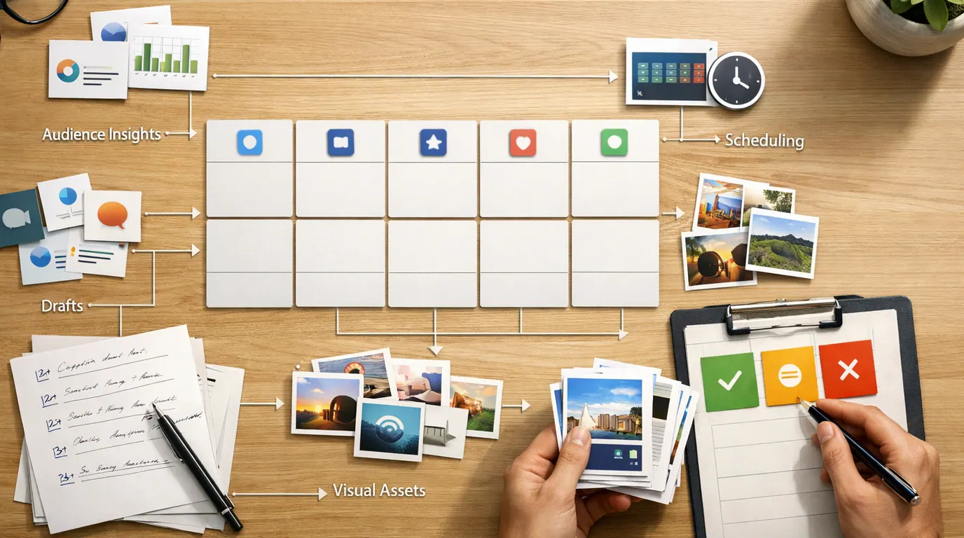 Social media planning desk with channel cards, caption drafts, analytics notes, visual asset boards, and review checkpoints