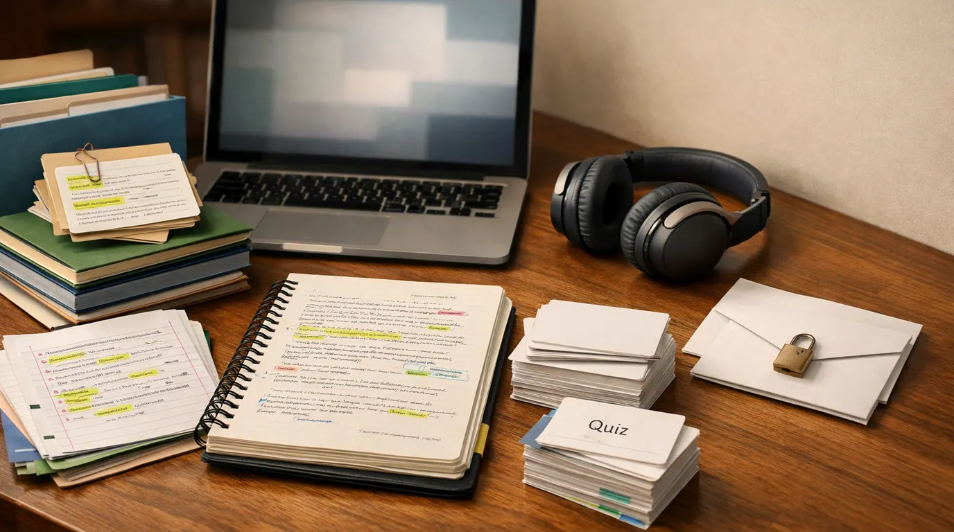 Student study desk with research notes, quiz cards, source folders, and review checkpoints