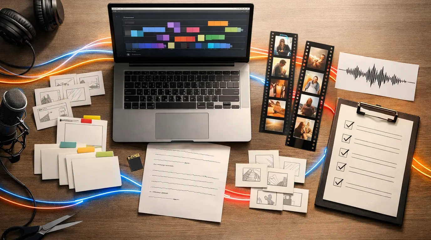 Creator desk with storyboard cards, video timeline blocks, microphone notes, Shorts clips, SEO cards, and human review checkpoints