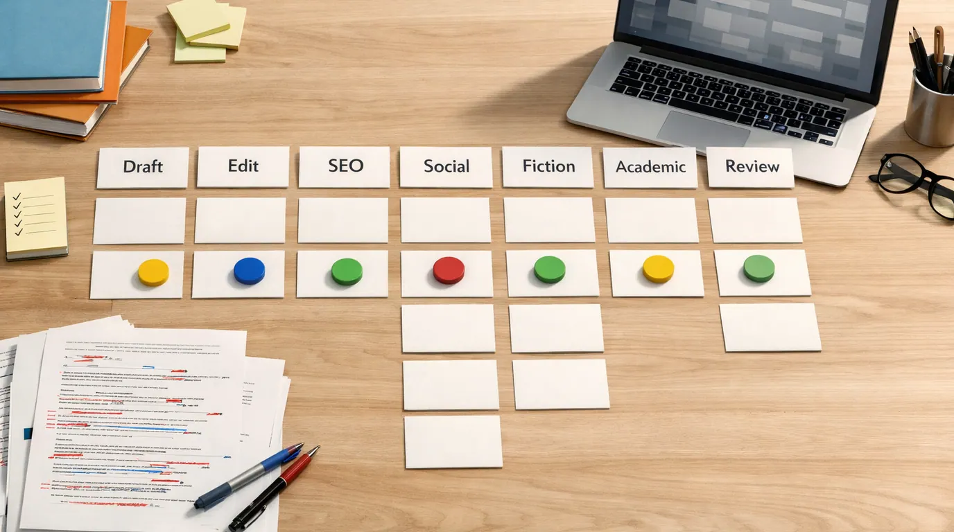 Editorial desk with writing tool shortlist cards, draft pages, source notes, review marks, and workflow lanes for choosing an AI writing stack