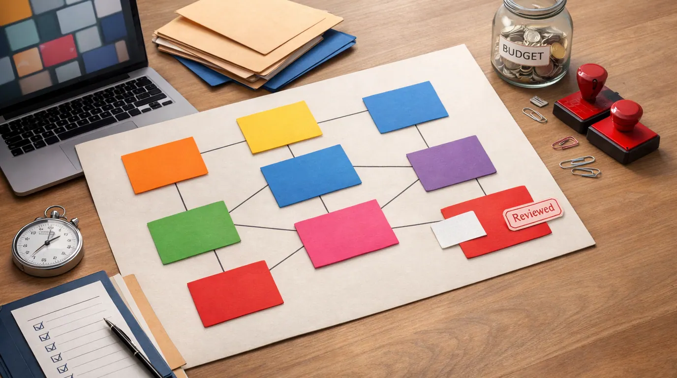 Desk with free AI tool shortlist cards, workflow notes, source folders, design tiles, and review checkpoints arranged for choosing a small stack