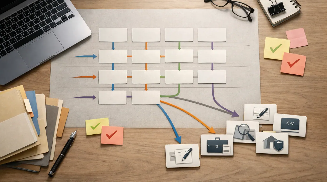 Desk with model comparison cards, source folders, workflow arrows, and review checkpoints for choosing ChatGPT alternatives