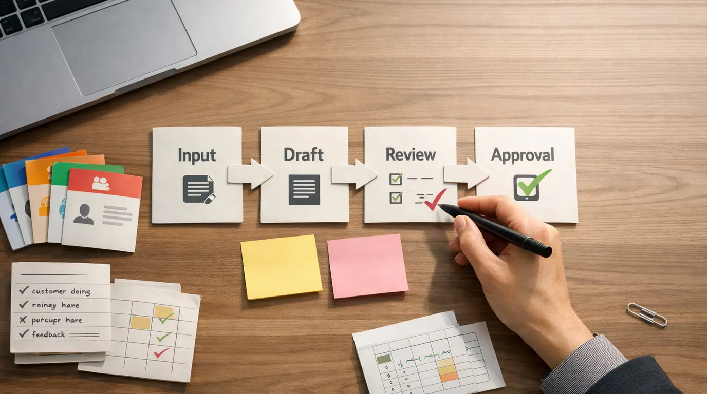 Business desk with role cards, customer notes, spreadsheet checks, and reusable prompt templates arranged for review
