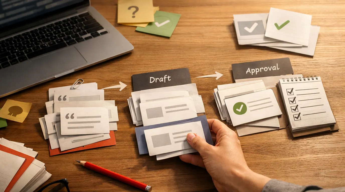 Copywriting desk with customer quote cards, offer notes, draft ad variants, and a review checklist arranged beside a laptop