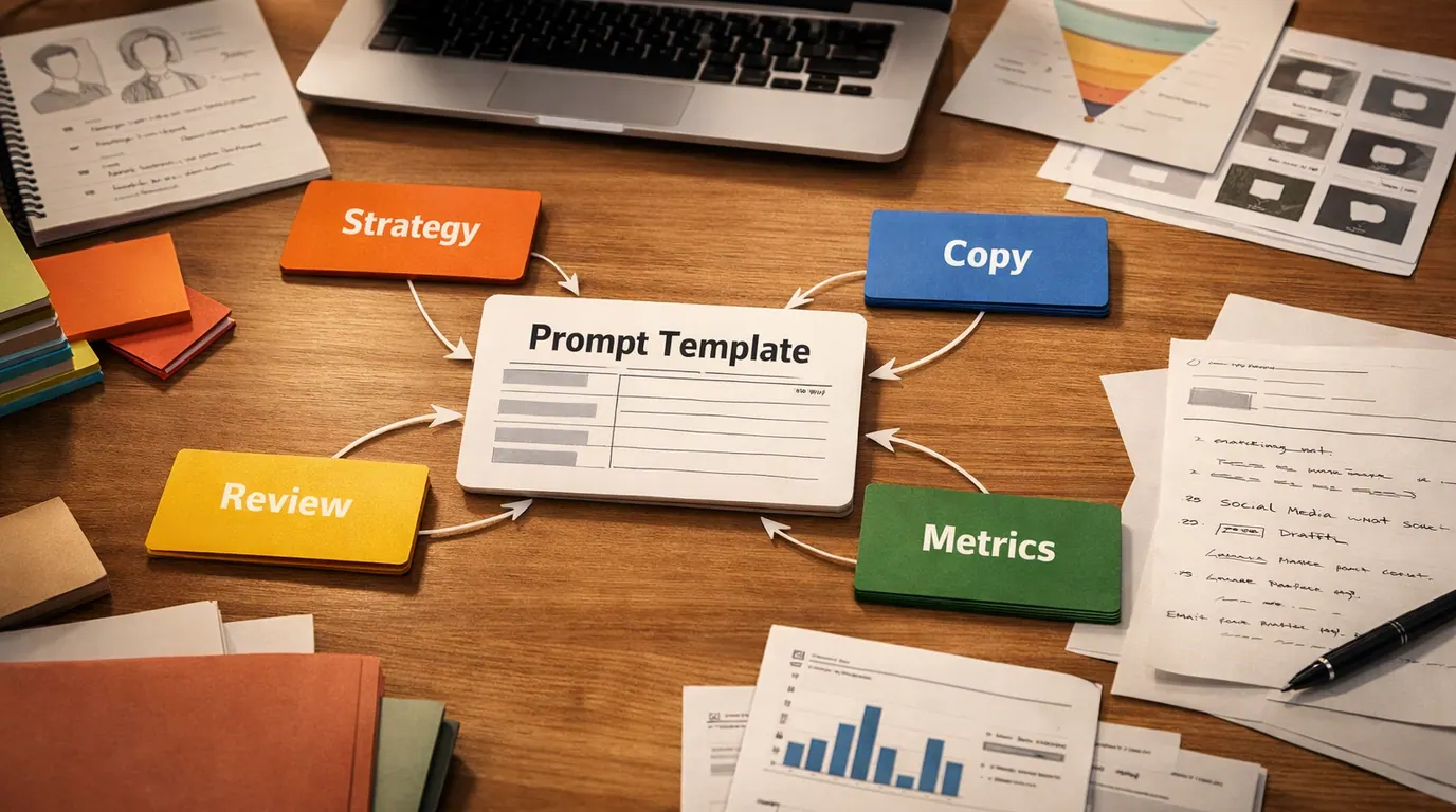 Marketing workspace with campaign cards, audience notes, analytics sheets, and prompt templates arranged for review