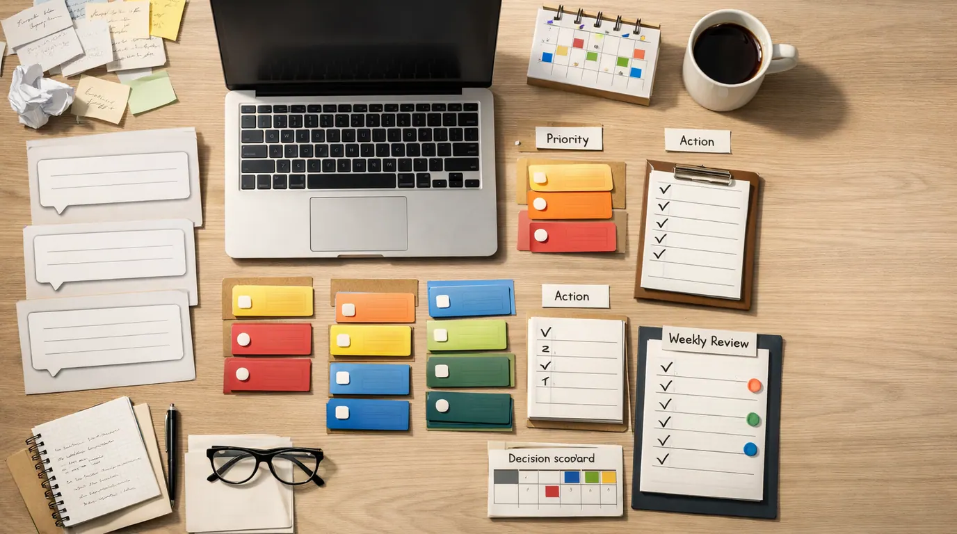 Productivity desk with task cards, calendar blocks, meeting notes, decision scorecards, and reusable prompt templates arranged around a laptop