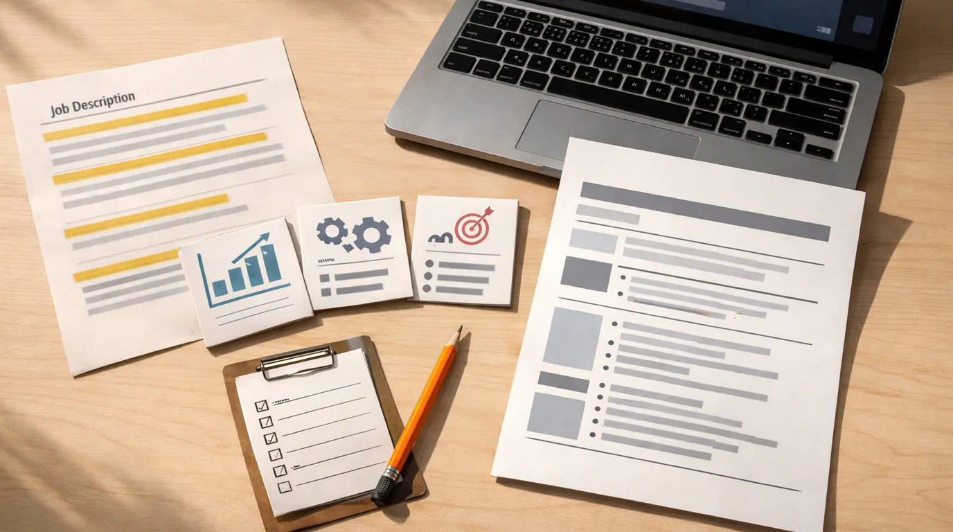 Job seeker desk with a resume draft, job description notes, evidence cards, and review checklist arranged around a laptop