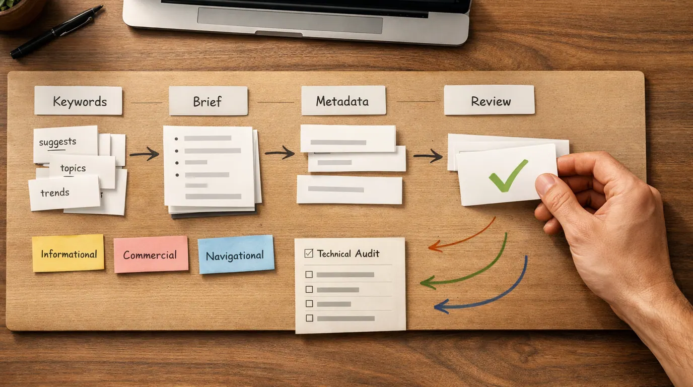 SEO workspace with keyword clusters, search intent cards, draft metadata, audit notes, and review checkmarks arranged around a laptop