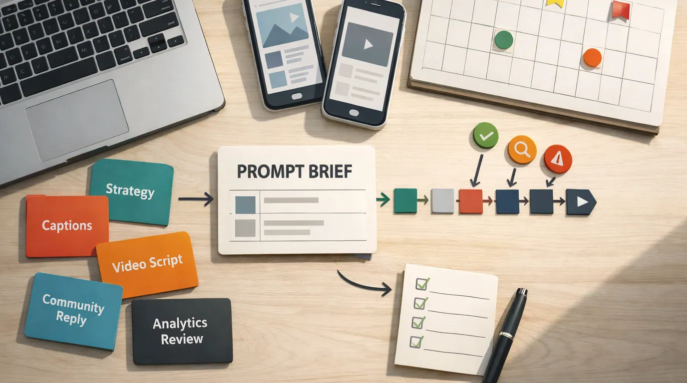 Social media planning desk with platform cards, caption drafts, calendar notes, analytics printouts, and approval markers around a laptop