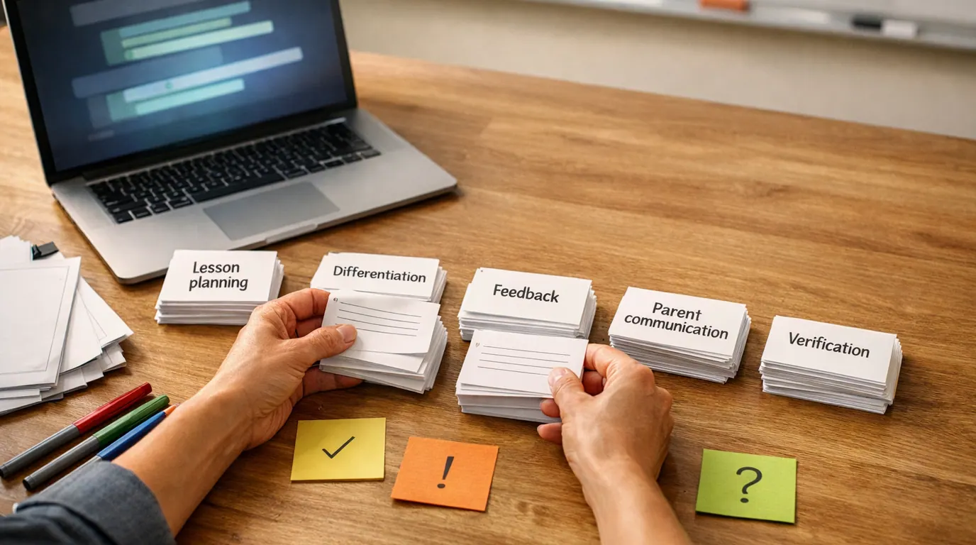 Teacher planning desk with lesson cards, rubric sheets, feedback notes, a laptop, and colored review checkpoints arranged for AI-assisted classroom preparation