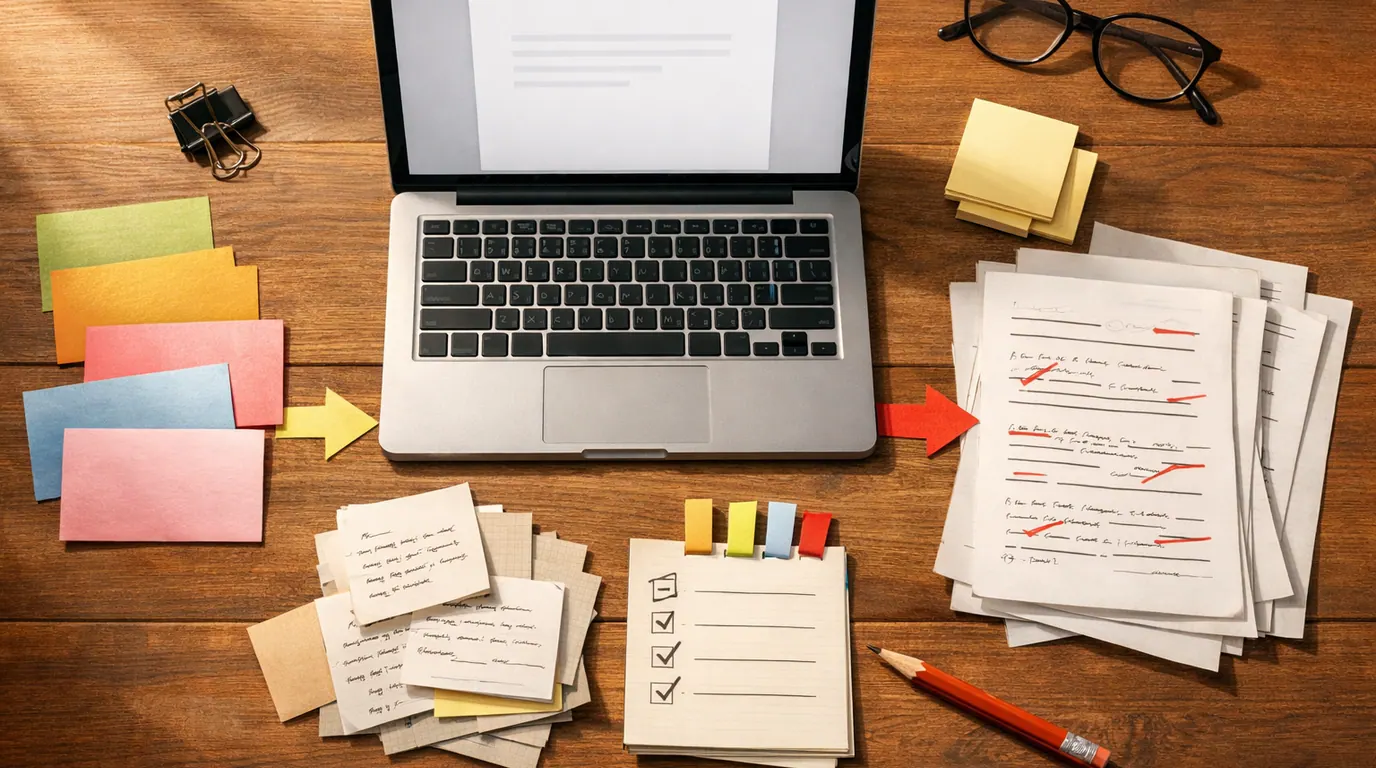 Writer desk with prompt cards, annotated draft pages, source notes, and a review checklist arranged around a laptop