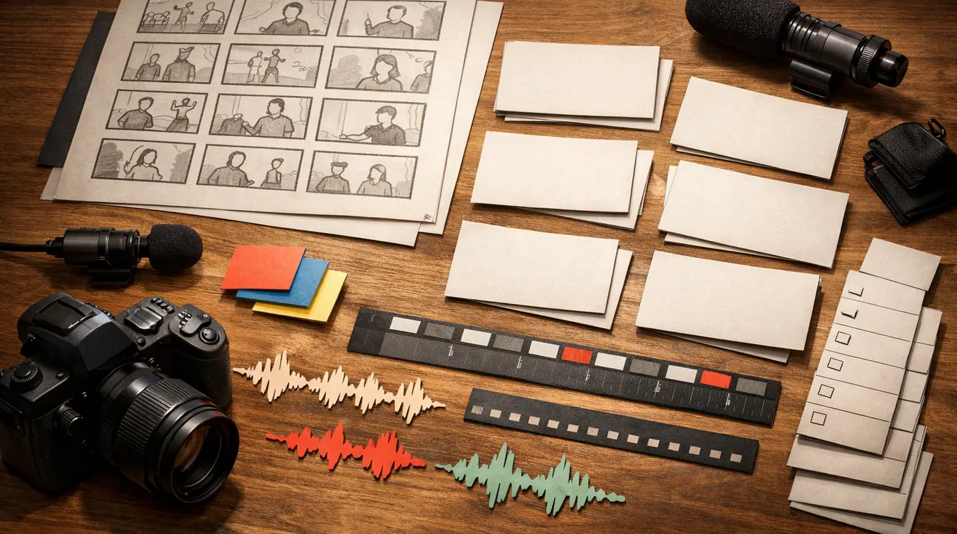 Creator desk with storyboard cards, hook variations, and video script planning tools