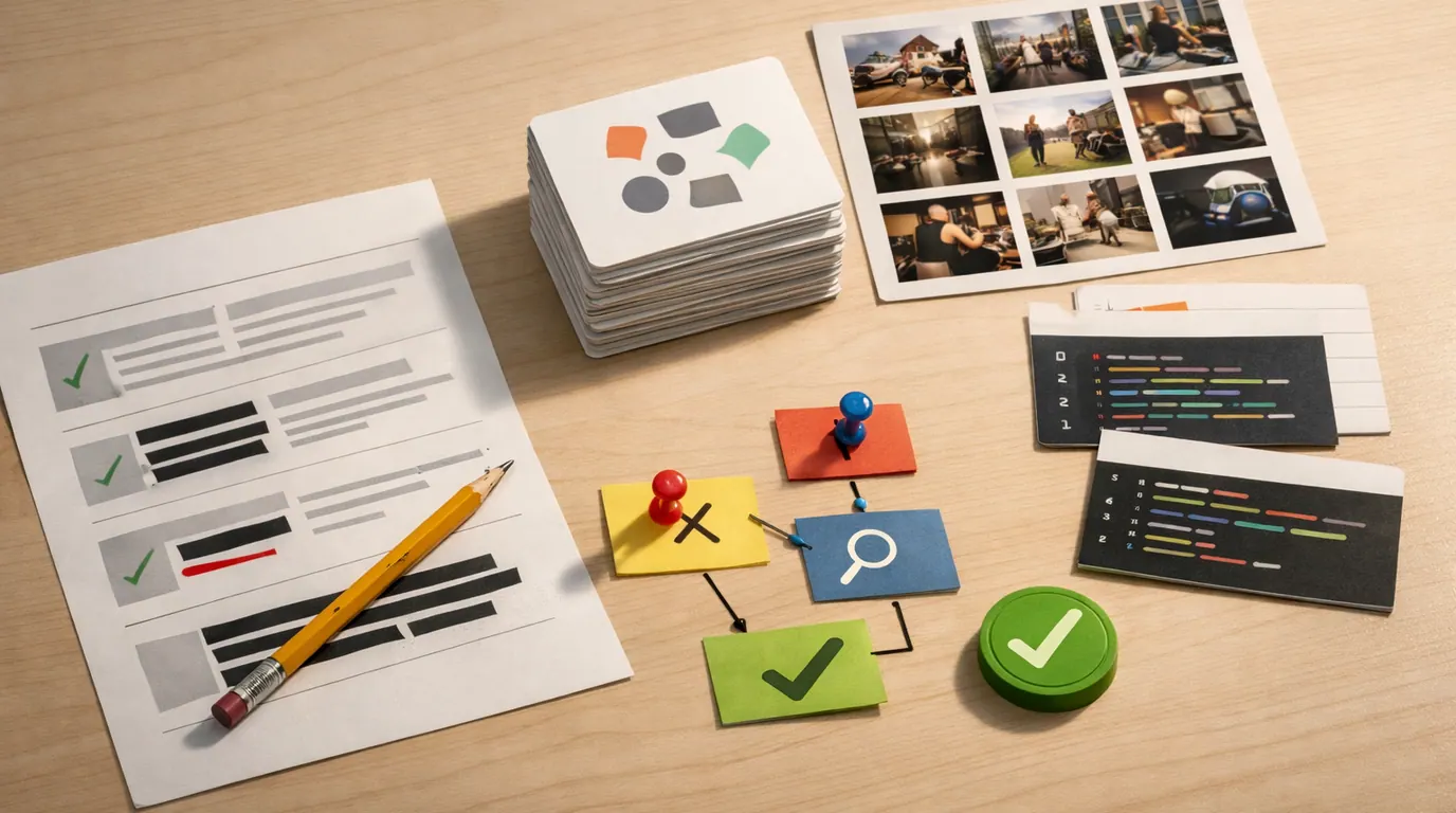 Desk with prompt cards, draft outputs, image thumbnails, code notes, and human review markers arranged as a generative AI workflow