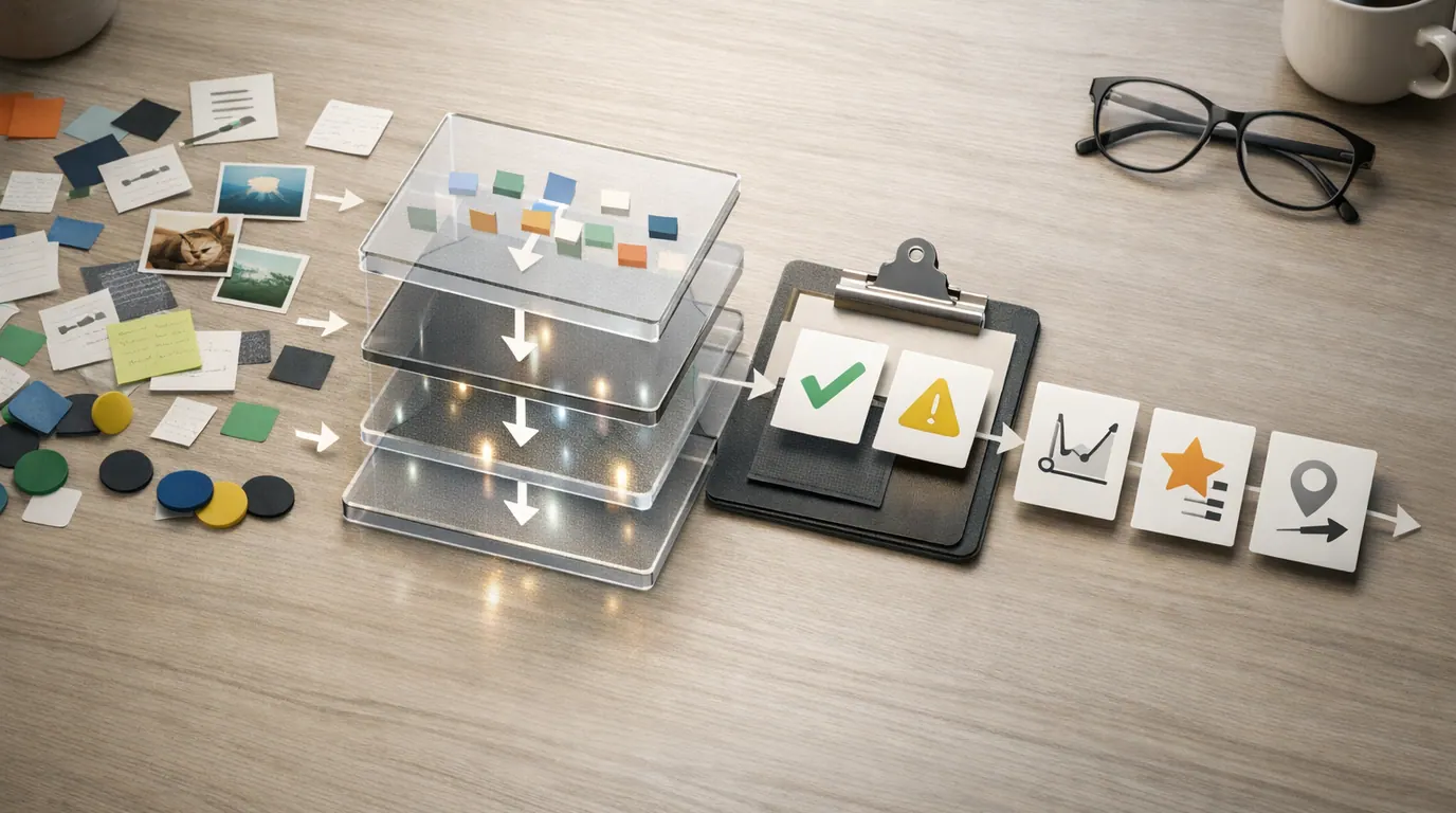Desk showing data cards moving through a model diagram into reviewable AI outputs with human check marks