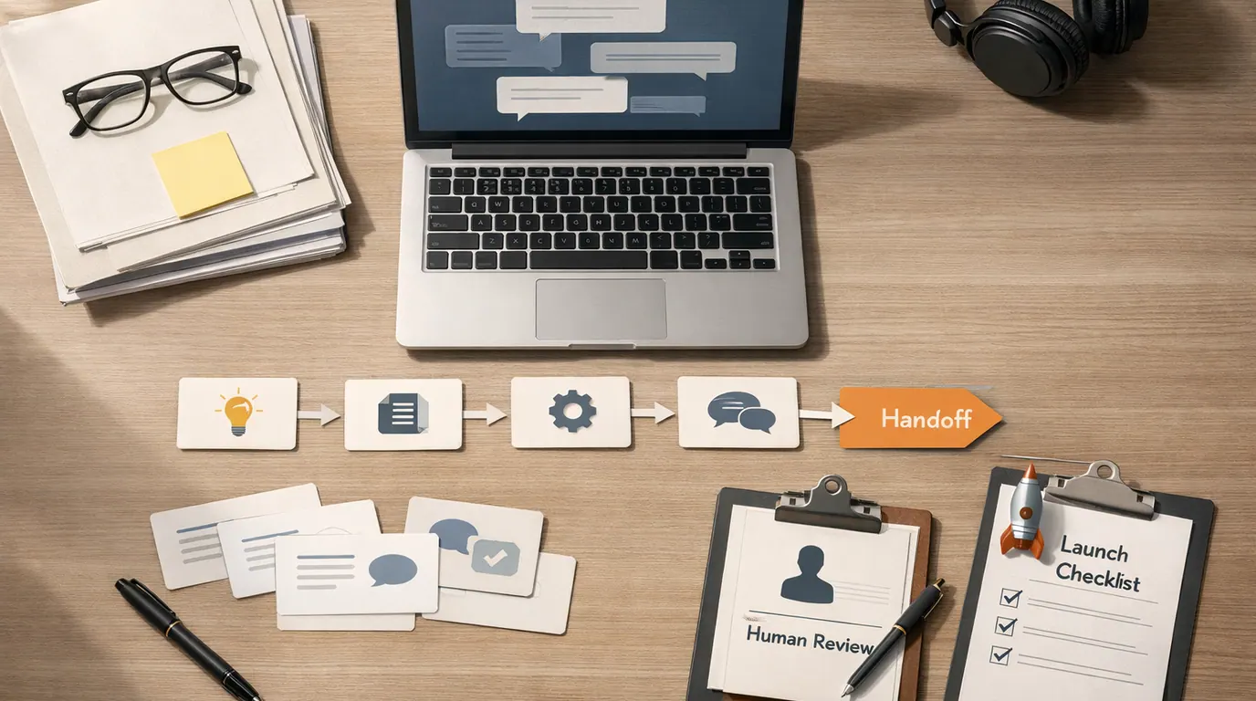 Workspace showing chatbot conversation cards, knowledge documents, test cases, and human review markers arranged as a build workflow