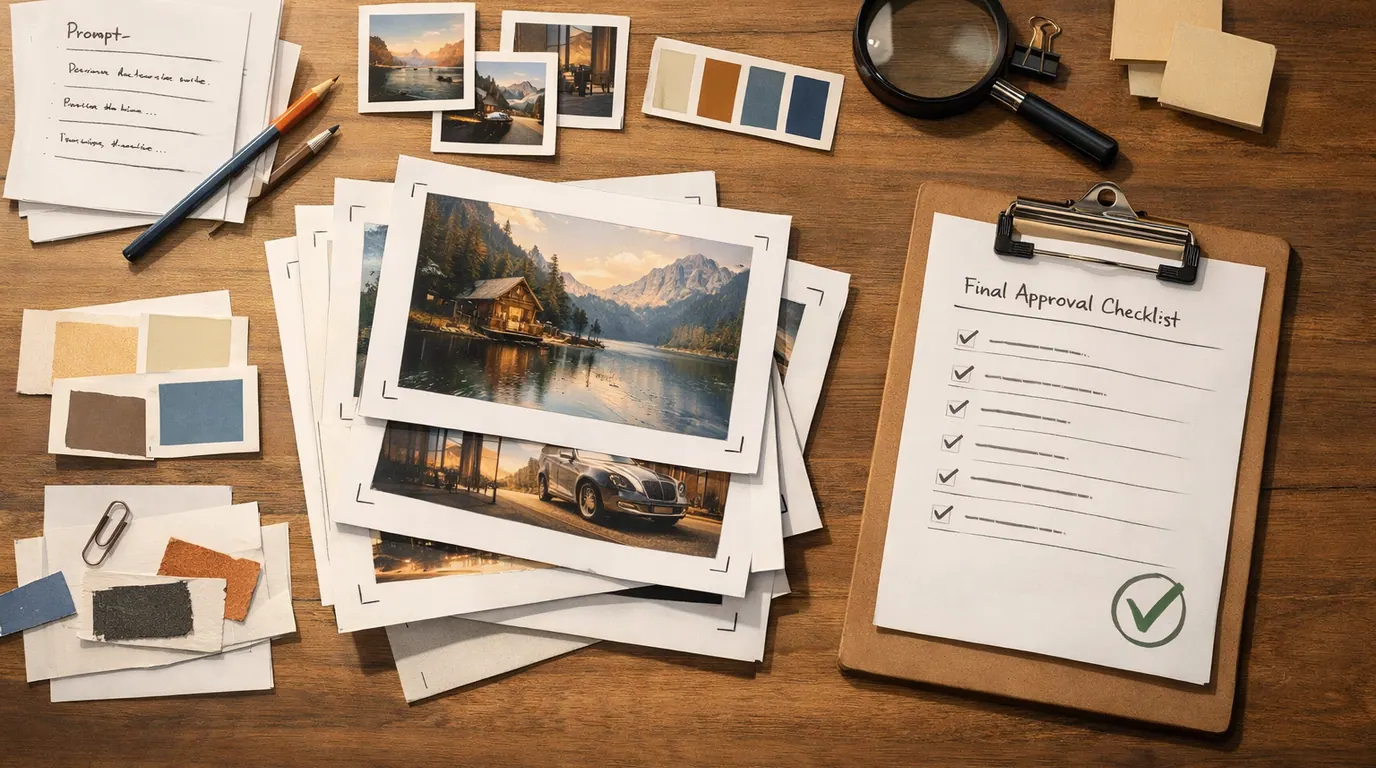 Desk scene with prompt cards, visual reference tiles, and edited image drafts arranged into an AI image workflow
