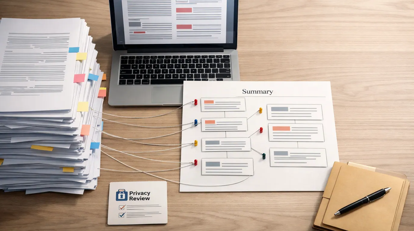 Desk view of a long PDF being turned into a source-linked summary, with page markers, review notes, and a privacy check card