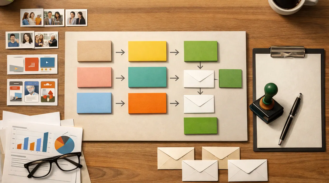 Marketing desk with campaign cards, audience segments, analytics notes, draft ad variations, and a human approval marker