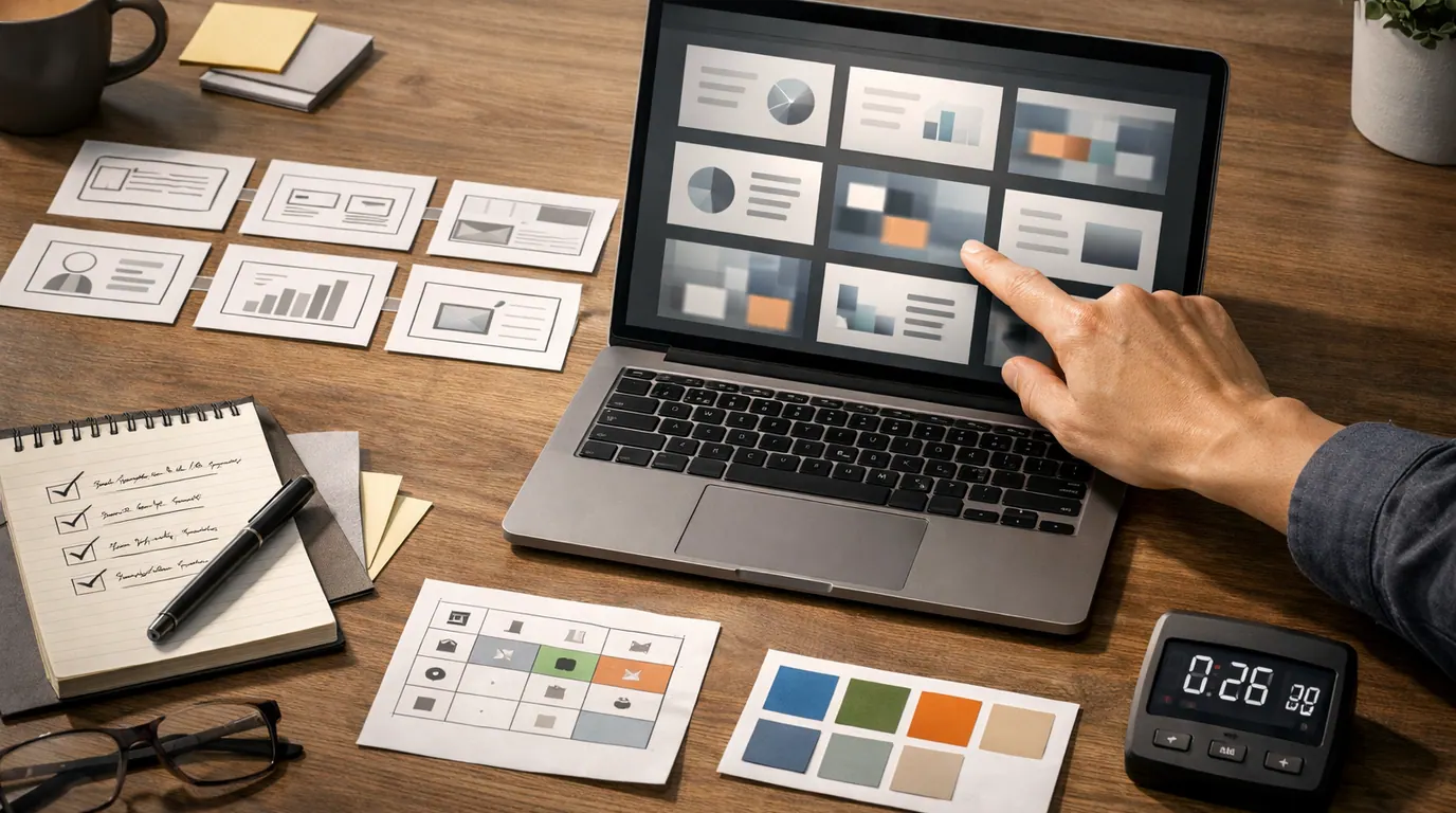 Desk with slide storyboard cards, source notes, tool choice matrix, and review checkmarks for an AI-assisted presentation workflow