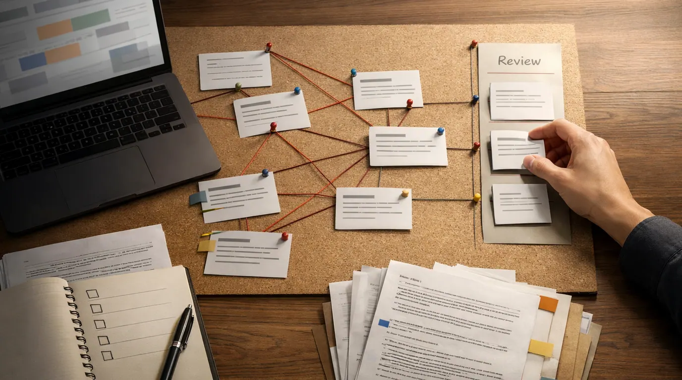 Research desk with source cards, verification pins, annotated papers, a laptop, and a human review checklist for AI-assisted research