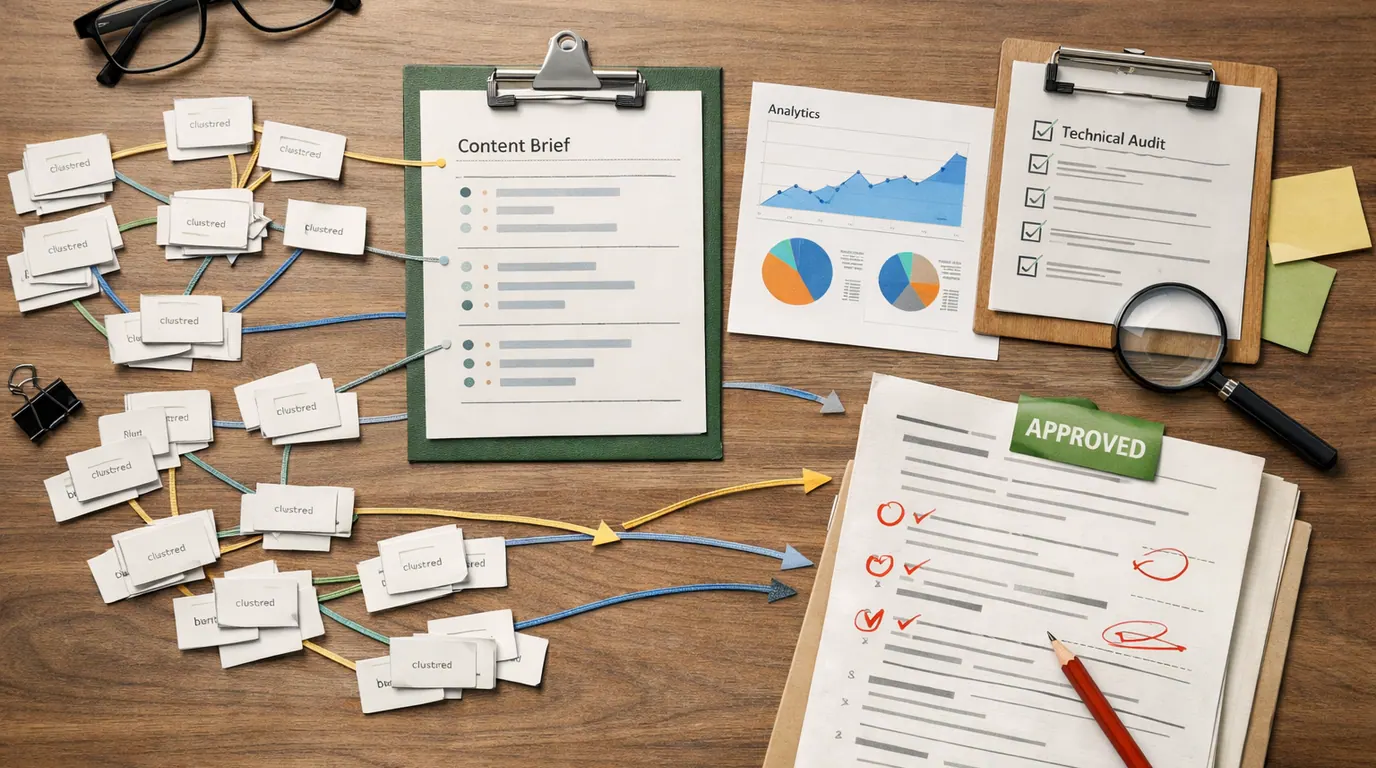 SEO planning desk with clustered keyword cards, content brief sheets, analytics charts, technical audit notes, and human review markers