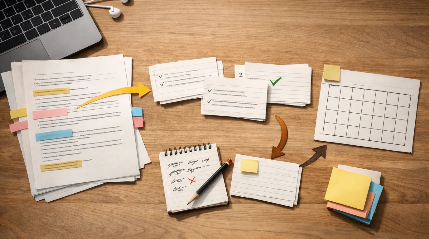 Student desk with lecture notes, quiz cards, marked mistakes, a laptop, and a weekly review plan arranged for AI-assisted studying