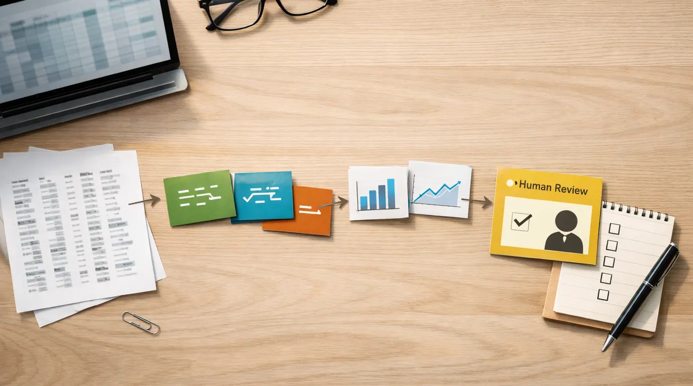 Spreadsheet desk with cleaned data columns, formula cards, chart sketches, and human review checkpoints