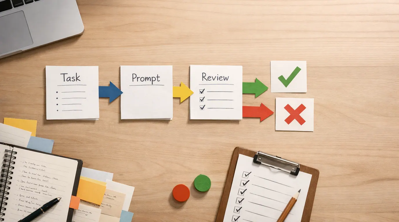 Desk with task cards, source notes, a laptop, review checklist, and approval markers showing a practical AI workflow